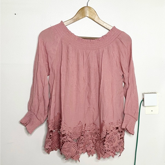 Boho Rose Pink Peasant Blouse She + Sky S Eyelet Cutouts Oversized Crepe Finish - Picture 9 of 9